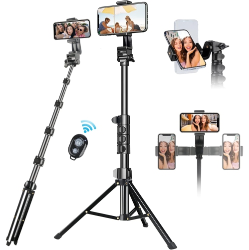 67'' Phone Tripod, Extendable Cell Phone Tripod Stand with Wireless Remote Carrying Bag, All in One Professional Selfie Stick Tripod, Compatible with