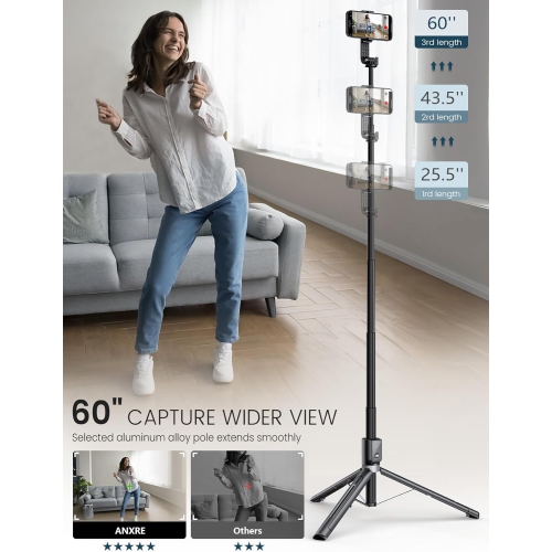 60" Phone Tripod Selfie Stick with Remote and 2 Light,Travel Selfie Stick Tripod for Cell Phone Compatible with 4''-7'' iPhone Android Samsung(Black)