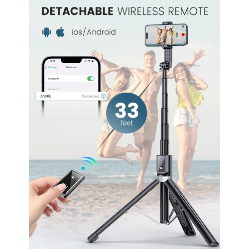 60" Phone Tripod Selfie Stick with Remote and 2 Light,Travel Selfie Stick Tripod for Cell Phone Compatible with 4''-7'' iPhone Android Samsung(Black)