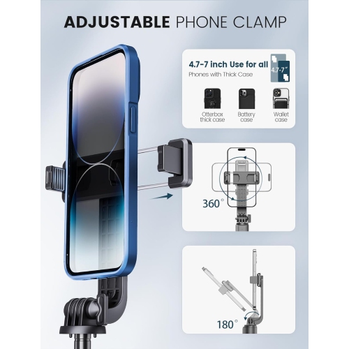 60" Phone Tripod Selfie Stick with Remote and 2 Light,Travel Selfie Stick Tripod for Cell Phone Compatible with 4''-7'' iPhone Android Samsung(Black)