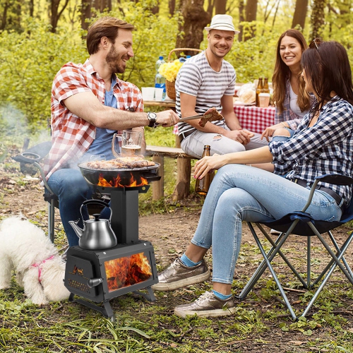Costway Portable Wood Burning Stove Wood Camping Stove Heater with 2 Cooking Positions Patented
