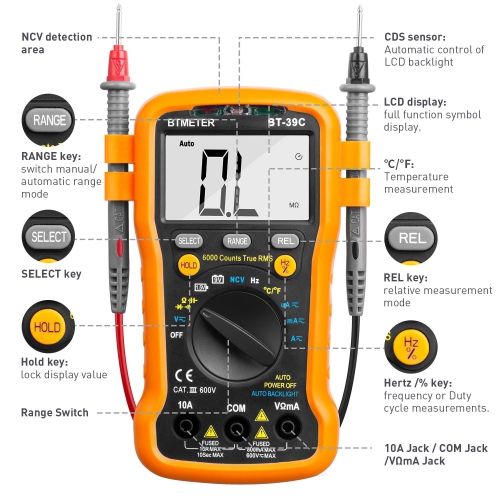 Digital Multimeter, Ammeter Volt Meter Auto Ranging TRMS 6000 Count Multi Tester Measure AC DC Voltage Current Resistance Capacitance Test Battery