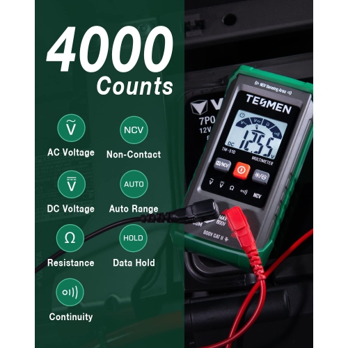 TM-510 Digital Multimeter, 4000 Counts, Smart Measurement, Auto-Ranging Voltmeter; Voltage Tester with Non-Contact Voltage Function, Measures AC/DC