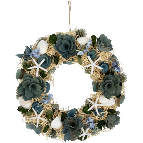 Floral Starfish and Seashells Artificial Wreath - 12"