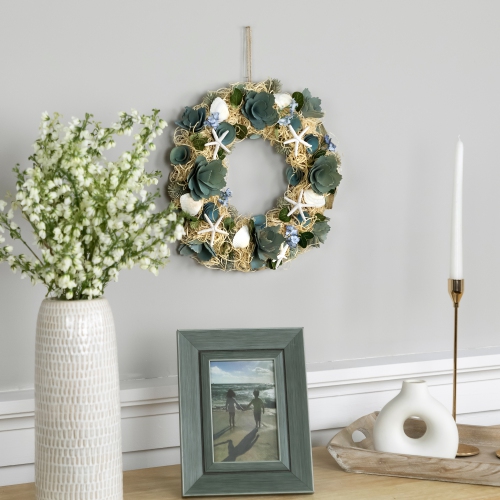 Floral Starfish and Seashells Artificial Wreath - 12"