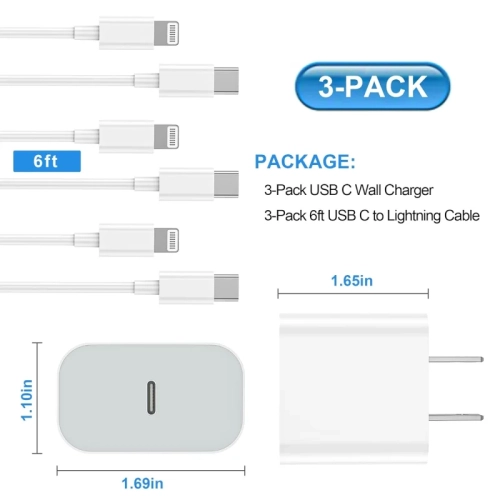 3-Pack USB-C Wall Charger Block with 6FT USB C to Lightning Cables for iPhone 14/14 Pro/14 Pro Max/13/13 Pro/12/12 Pro/12 Pro Max/11/Xs Max/XR/X -