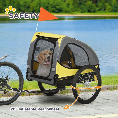 Aosom Dog Bike Trailer, Dog Wagon Pet Bicycle Trailer with Steel Frame, Hitch Coupler, Quick Release Wheels, Reflectors, Flag for Medium Dogs, Yellow