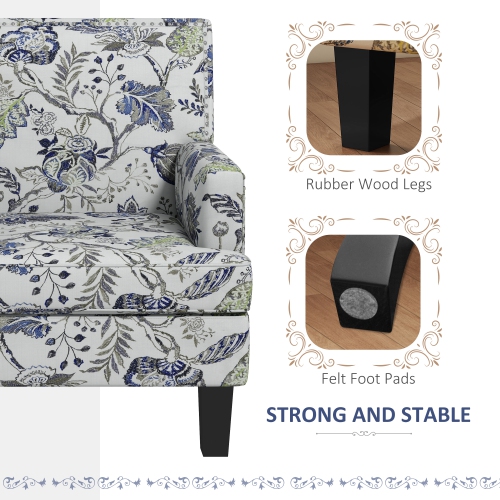 HOMCOM Mid-Century Modern Accent Chair with Floral Pattern and Nailhead Trim, Upholstered Armchair for Bedroom, Fabric Living Room Chair with Wood