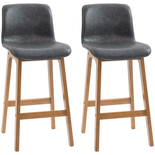 HOMCOM Modern Bar Stools Set of 2, Counter Height Bar Chair with PU Leather Wooden Frame Padding Seats for Dining Room, Home Bar, Grey