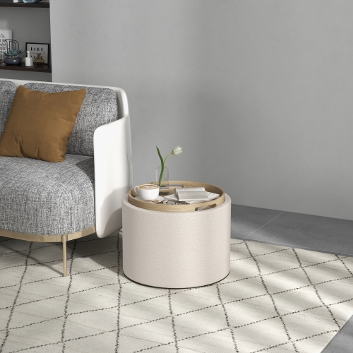 HOMCOM – Table basse ronde avec plateau rabattable, table centrale avec rangement dissimulé, repose-pieds en lin pour salon, chambre d'étudiant,