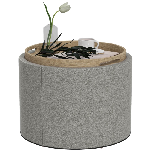 HOMCOM  Round Coffee Table With Flip Tray Top, Small Side Table With Hidden Storage, Linen-Feel Fabric Footstool for Living Room In Grey