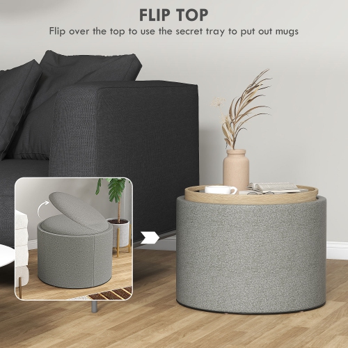 HOMCOM Round Coffee Table with Flip Tray Top, Central Table with Hidden Storage, Linen Fabric Footstool for Living Room, Dorm, Grey