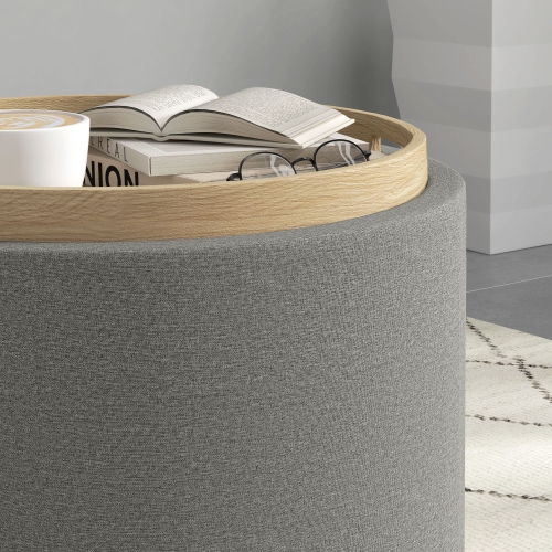 HOMCOM Round Coffee Table with Flip Tray Top, Central Table with Hidden Storage, Linen Fabric Footstool for Living Room, Dorm, Grey