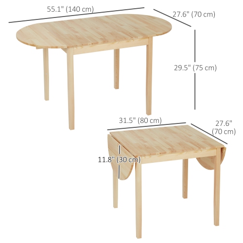 HOMCOM – Table de cuisine en bois massif de 55 po pour 4-6 personnes, tables ovales à abattant pour petits espaces, table de salle à manger