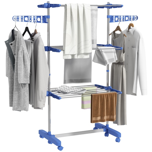 HOMCOM 3-Tier Clothes Drying Rack, Stainless Steel Laundry Rack with 2 Side Wings and 6 Castors, Collapsible Adjustable Clothes Airer for Indoor Outd