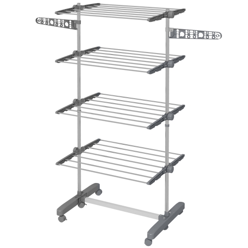 HOMCOM 4-Tier Clothes Drying Rack, Stainless Steel Laundry Rack with 2 Side Wings and 6 Castors, Collapsible Adjustable Clothes Airer for Indoor Outd