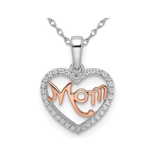 GEM AND HARMONY  14K And Pink Gold Mom Heart Pendant Necklace With Chain And Diamonds In White