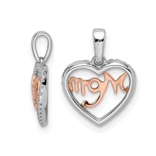14K White and Pink Gold MOM Heart Pendant Necklace With Chain and Diamonds