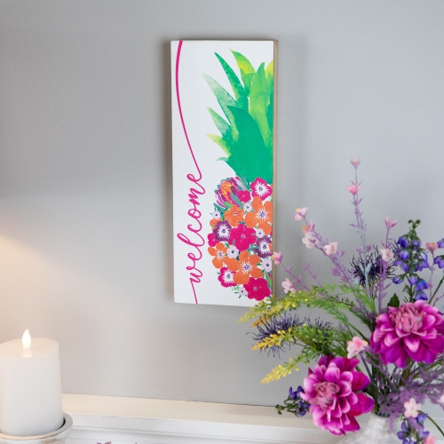 Floral Pineapple Welcome Wooden Wall Sign - 13"