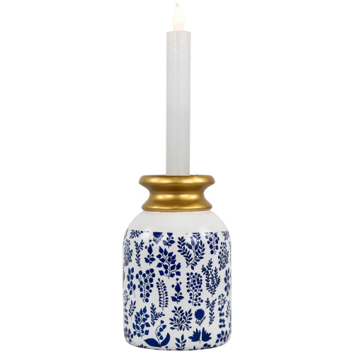Wooden Floral Taper Candle Holder - 6"- White and Blue