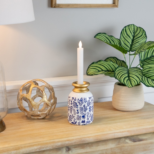 Wooden Floral Taper Candle Holder - 6"- White and Blue