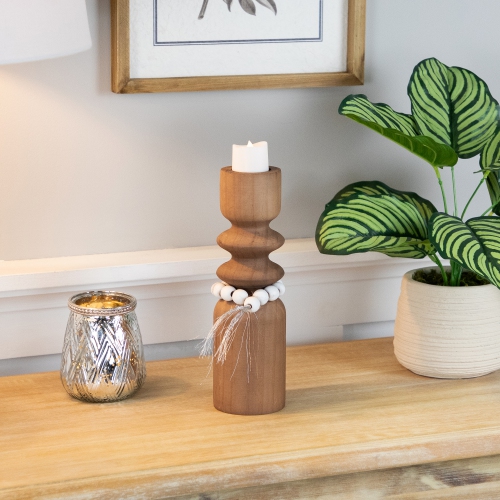 Wooden Tealight Candle Holder with Beaded Tassel - 9.75" - Brown