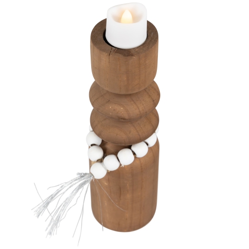 Wooden Tealight Candle Holder with Beaded Tassel - 9.75" - Brown