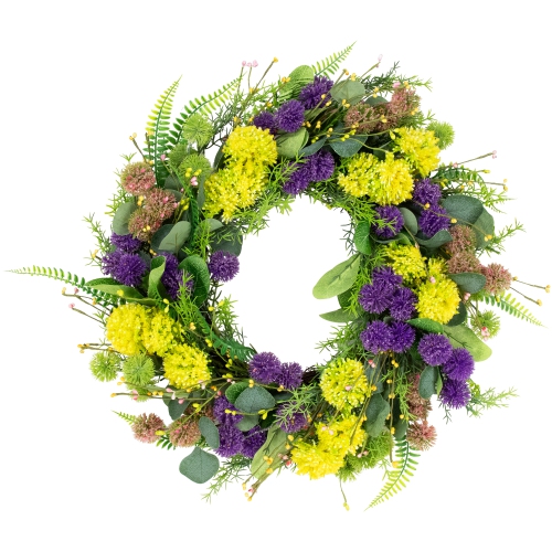 NORTHLIGHT  Allium And Thistle Spring Wreath - 22" - Yellow/purple