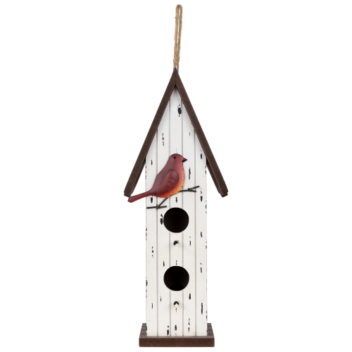 Wooden Birdhouse with Metal Bird Wall Decoration - 14.5" - Antique White