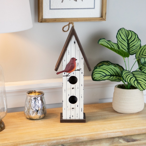Wooden Birdhouse with Metal Bird Wall Decoration - 14.5" - Antique White