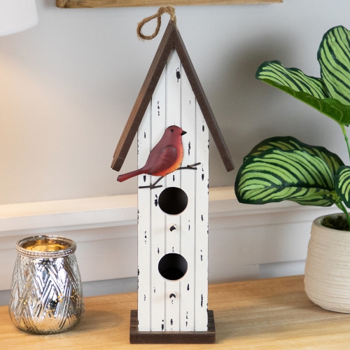 Wooden Birdhouse with Metal Bird Wall Decoration - 14.5" - Antique White