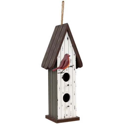 Wooden Birdhouse with Metal Bird Wall Decoration - 14.5" - Antique White