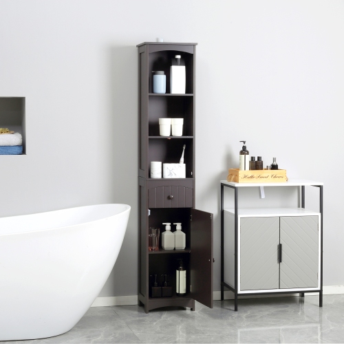 HOMCOM – Armoire de rangement pour salle de bain, grande tour en lin avec 3 tablettes et tiroir et porte, brun