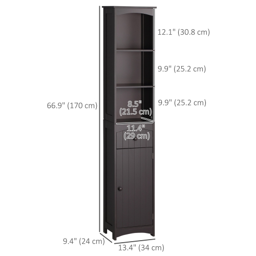 HOMCOM – Armoire de rangement pour salle de bain, grande tour en lin avec 3 tablettes et tiroir et porte, brun