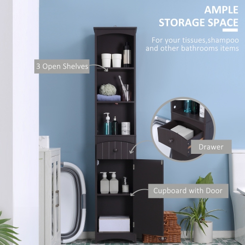 HOMCOM – Armoire de rangement pour salle de bain, grande tour en lin avec 3 tablettes et tiroir et porte, brun