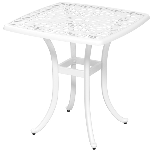 OUTSUNNY  " Cast Aluminum Outdoor Side Table, 21"" Square Patio End Table With Umbrella Hole, Bistro Table for Garden, Balcony, Poolside, White"