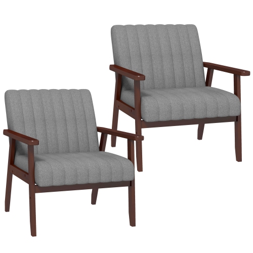 HOMCOM  Modern Accent Chairs Set Of 2, Upholstered Armchairs for Bedroom, Fabric Living Room Chairs With Wood Legs And Tufted Design In Grey