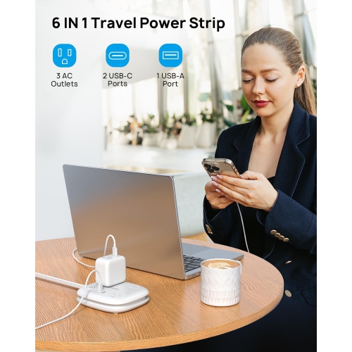 Flat Plug Power Bar with 2 USB C, Ultra-Thin Extension Cord Wrapped Around, 3 Widely Spaced Outlets Extender USB Ports, 2.6ft Small Desk Power Strip
