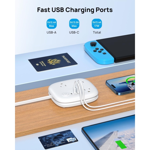 Flat Plug Power Bar with 2 USB C, Ultra-Thin Extension Cord Wrapped Around, 3 Widely Spaced Outlets Extender USB Ports, 2.6ft Small Desk Power Strip