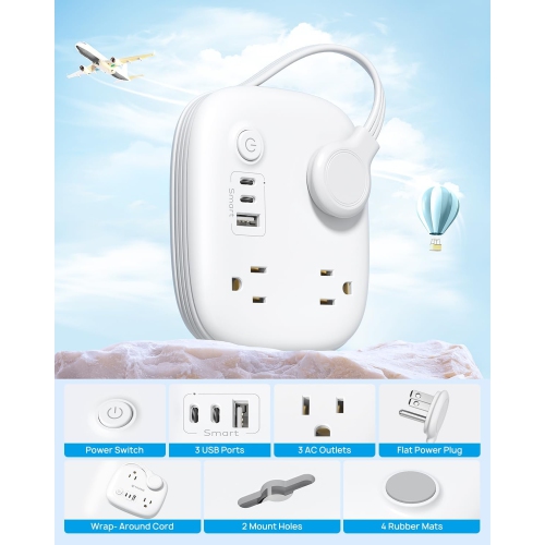 Flat Plug Power Bar with 2 USB C, 20W Fast Charging, 2.6ft Ultra-Thin Extension Cord Wrapped Around, 3 Widely Spaced Outlets 3 USB Ports, Desk Power