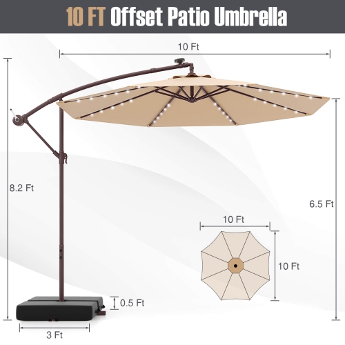 Costway Patio 10FT Hanging Offset Umbrella 32 LED Lights Sand Bag Outdoor Cross Base