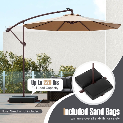 Costway Patio 10FT Hanging Offset Umbrella 32 LED Lights Sand Bag Outdoor Cross Base