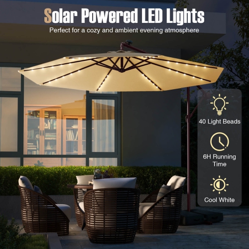 Costway Patio 10FT Hanging Offset Umbrella 32 LED Lights Sand Bag Outdoor Cross Base