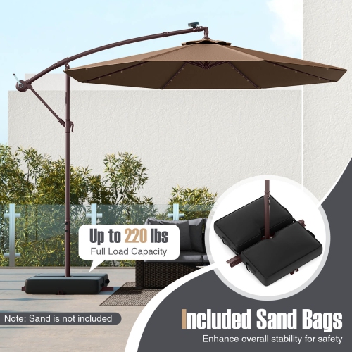 Costway Patio 10FT Hanging Offset Umbrella 32 LED Lights Sand Bag Outdoor Cross Base