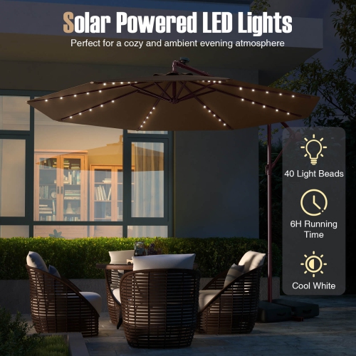 Costway Patio 10FT Hanging Offset Umbrella 32 LED Lights Sand Bag Outdoor Cross Base