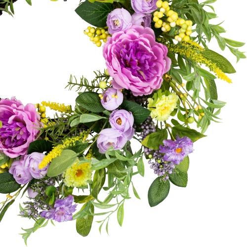 Peony Mixed Floral Springtime Wreath - 24" - Purple and Yellow