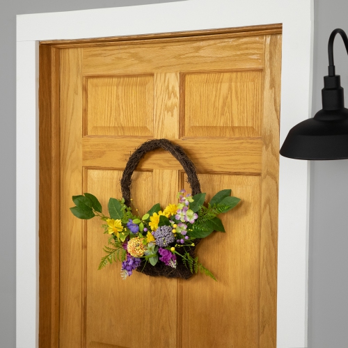 Panier mural suspendu à ressort, fleurs sauvages et feuillage, 16 po