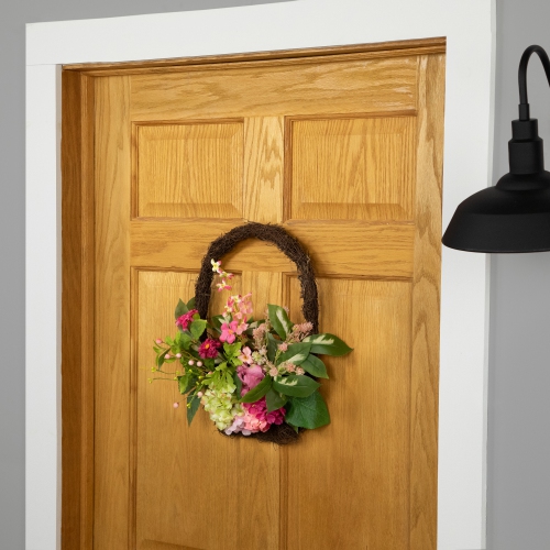 Panier suspendu floral à motif de fleurs d'hortensia - 16 po - Rose