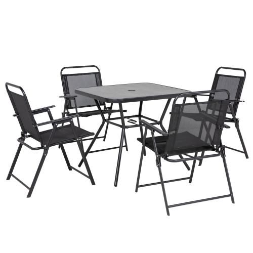 Outsunny 5-Piece Outdoor Dining Set with 4 Foldable Armchairs, Patio Furniture Sets with Umbrella Hole & Wood-plastic Composite Top Dining Table, Mes