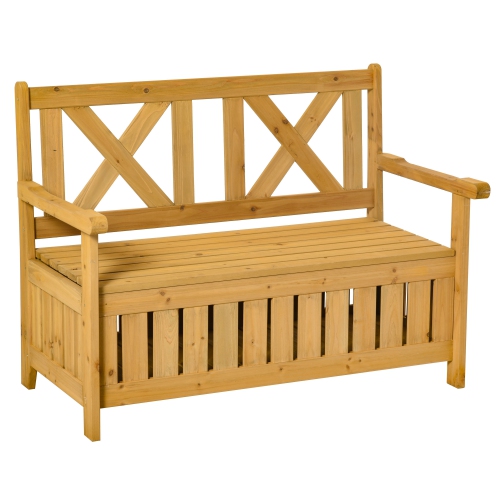 Banc d'extérieur en bois à 2 places Outsunny avec boîte de rangement, banc de rangement extérieur de 29 gallons, grande boîte d'entrée avec dossier e